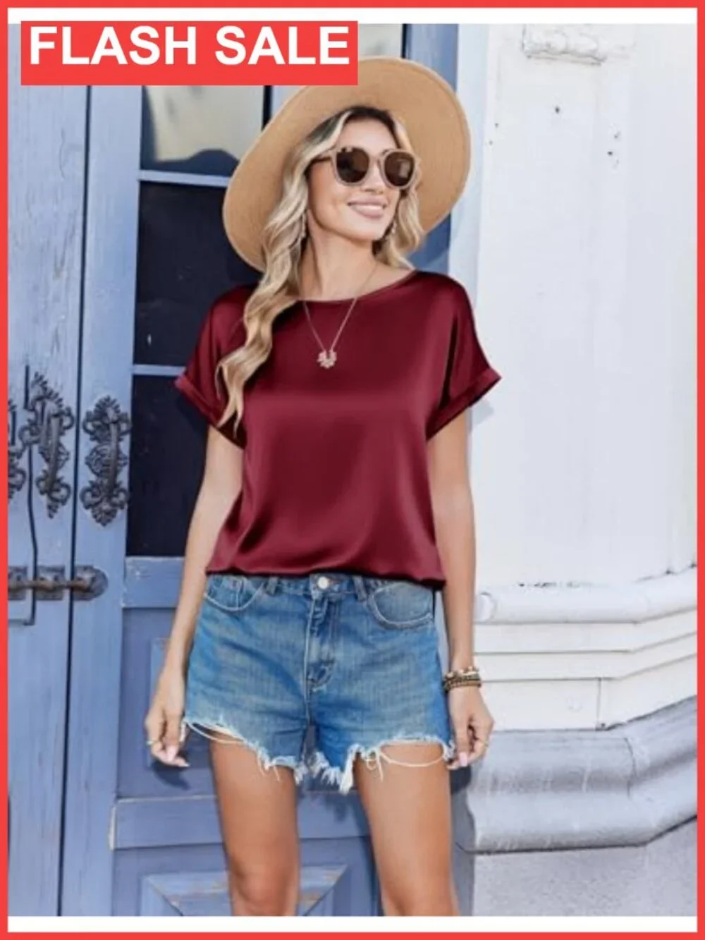 Zeagoo Satin Silk Blouse Short Sleeve Crewneck Dressy Casual Top